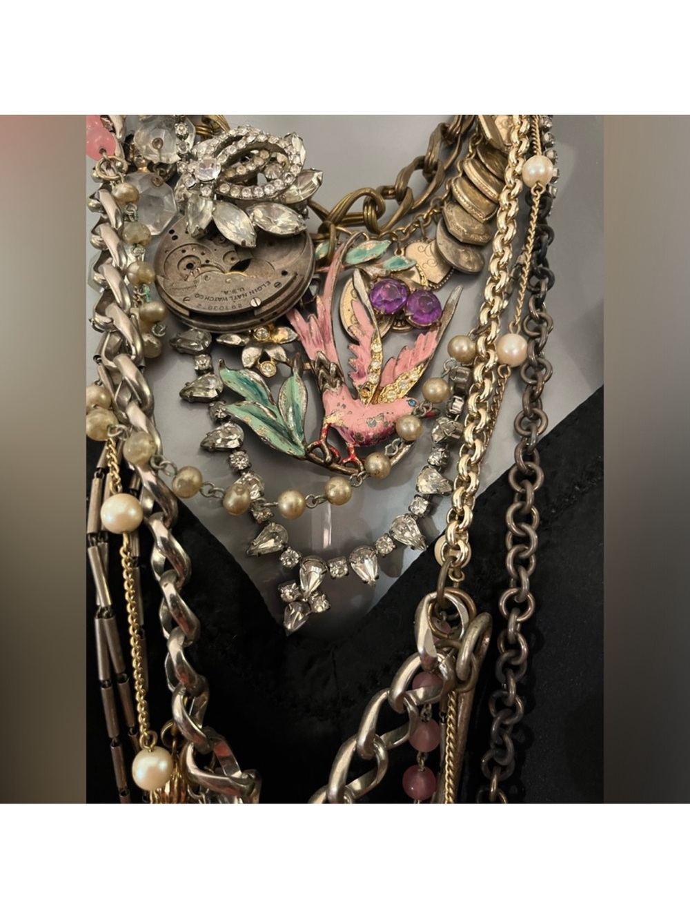 Layered Hand Made Gold Necklace with Gold Tones and Pink Floral Accents - Picture 4 of 5
